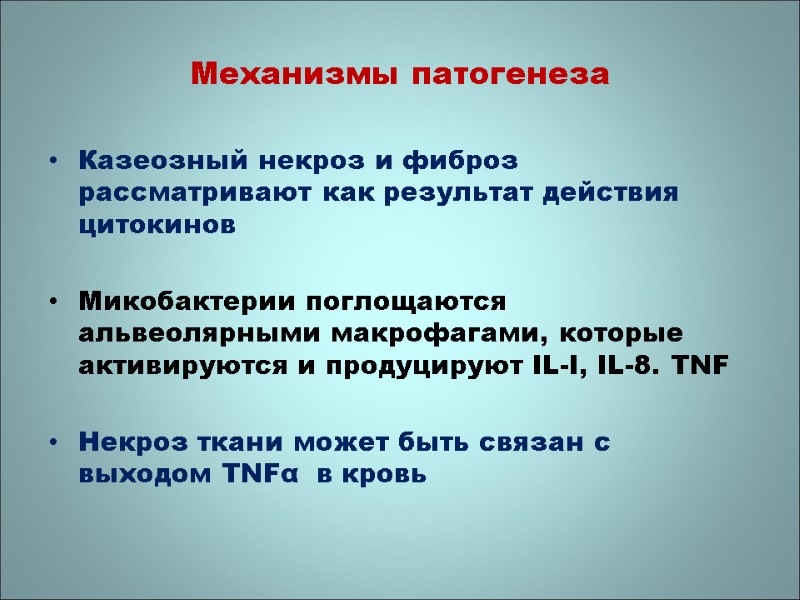 Механизмы патогенеза Казеозный некроз и фиброз рассматривают как результат действия цитокинов  Микобактерии поглощаются